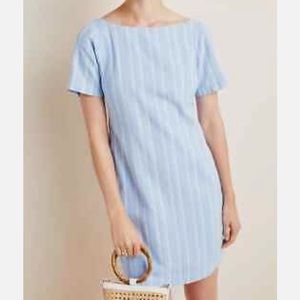 Anthropologie Cape May Blue Striped Linen Blend Bow Back Mini Dress